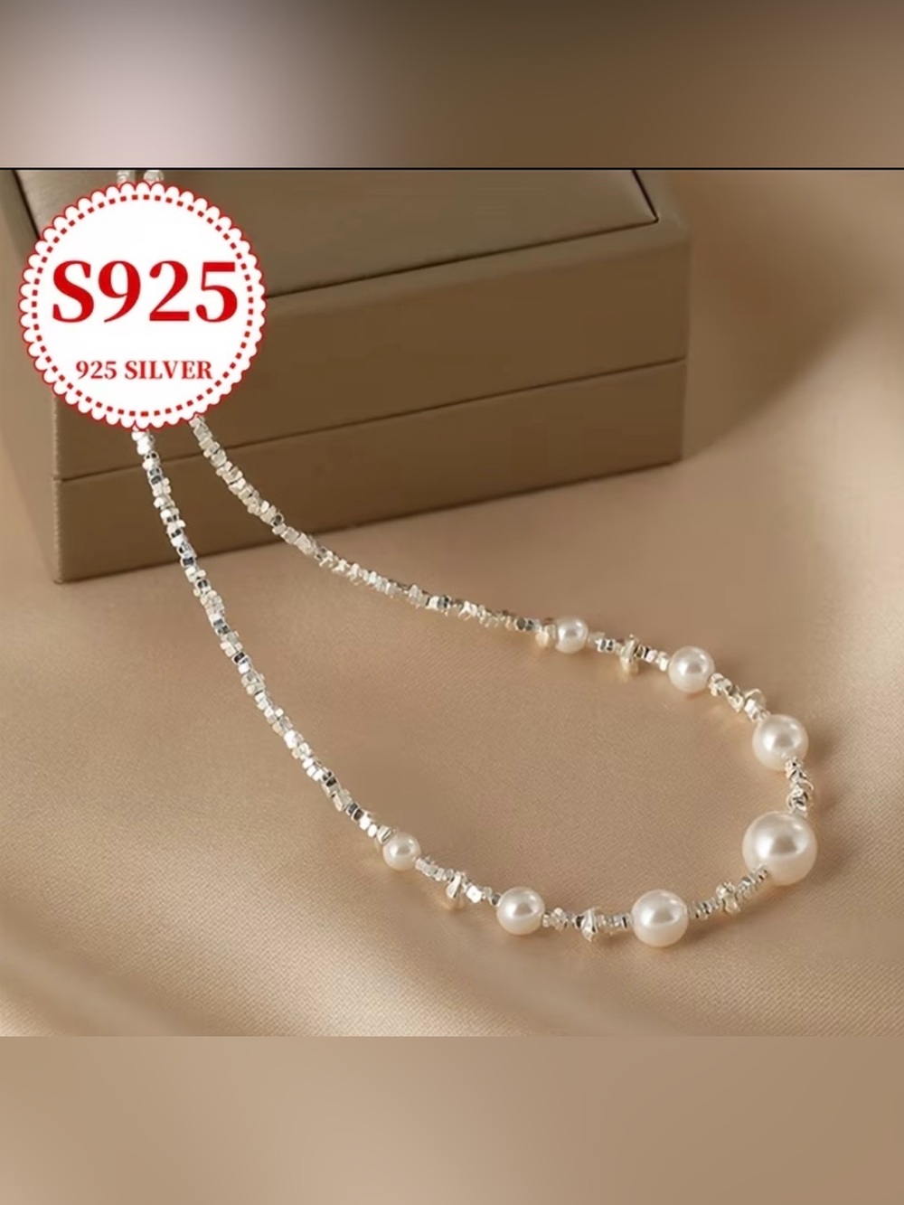 Silver Jeans Silver Necklace with White Beaded Pearl Stations